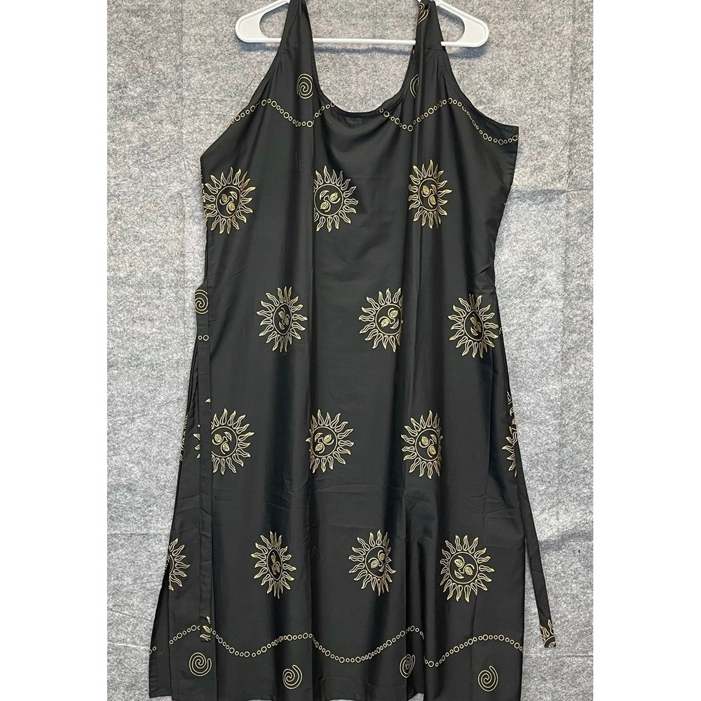 RIMA Sun Print Dress Women XXL Black Gold Celestial Side Tie Terivoile Boho